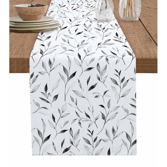 ERUNPONLY Gray Leaf Table Runner - 48 Inch Long Modern Botanical Foliage Plant Country Pastoral Cotton Linen Blended Dress Scarves Farmhouse Table Runner for Kitchen Dining, Coffee Table, 13"x48"