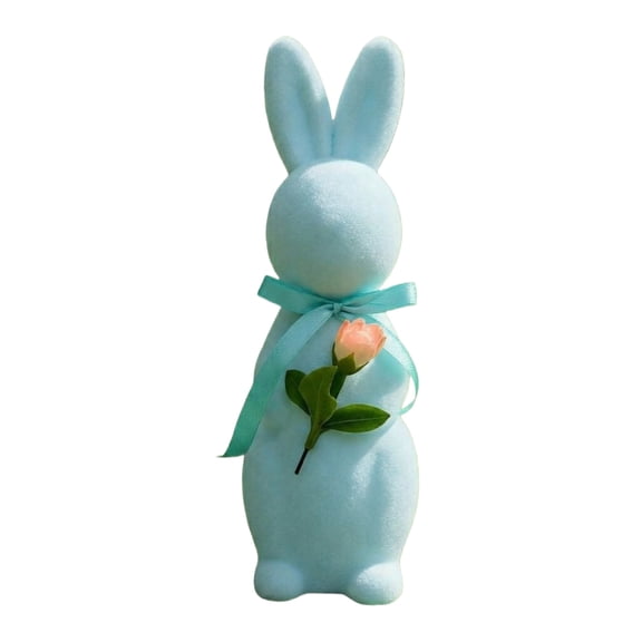 Easter Bunny Decor, 10.04" Flocked Rabbit Figurine with Satin Bow and Rose, Tabletop Stuffed Animal Plush toy Easter Decoration for Home Spring Centerpiece Easter Basket Stuffer Light Blue