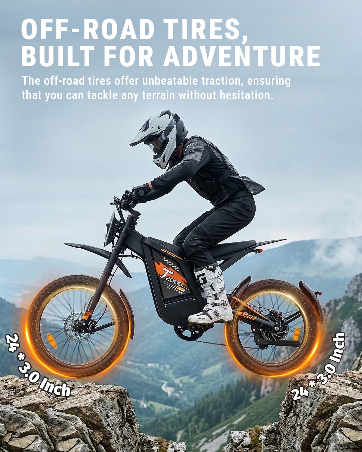 VTOKW T2000 Electric Dirt Bike for Adults,3000W Peak Electric Motorcycle 37MPH 48V 30Ah Battery,85+Miles Electric Bike,24" Fat Tire Ebike,Dual Hydraulic Brakes Mountain Bike,Full Suspension,UL2849