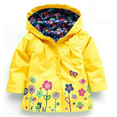 

Raincoat Little Girls Hoodie Jacket Pretty Flowers Pattern Button-Down Coat Lightweight Waterproof Outdoor Windbreaker