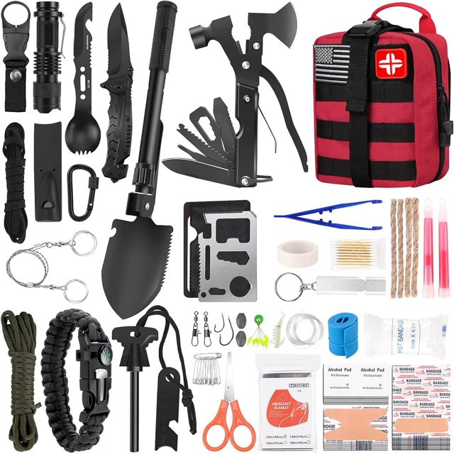 LUXMOM Kit de supervivencia y botiquín de primeros auxilios, 142 piezas de equipo y equipo de supervivencia profesional con bolsa Molle, para hombres, camping, aventuras al aire libre/regalos para hom