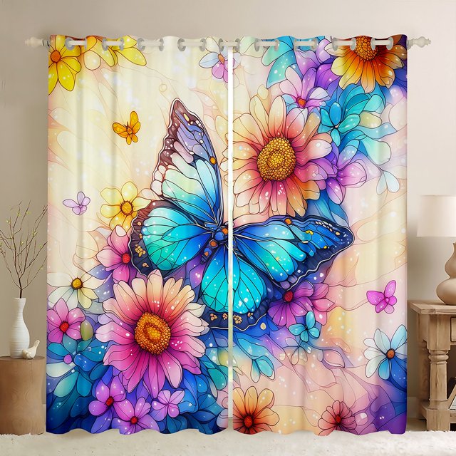 Erosebridal Rideaux et Draperies Papillon Bleu (52x84), Lot de 2 Rideaux Floraux à Fleurs (52x84), Décoration Animale