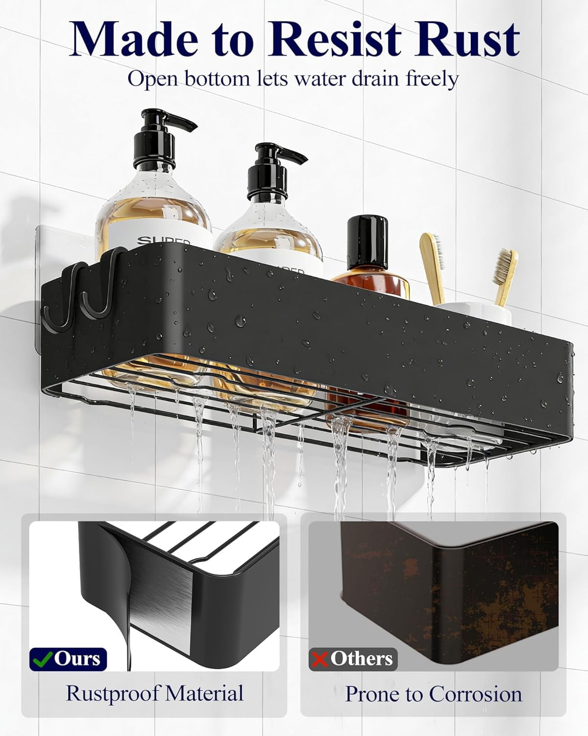 Shower Caddy - 2 Pack Adhesive Shower Organizer, Rustproof Metal Shelves, No-Drill Bathroom Organizers and Storage, Black, XX-Large