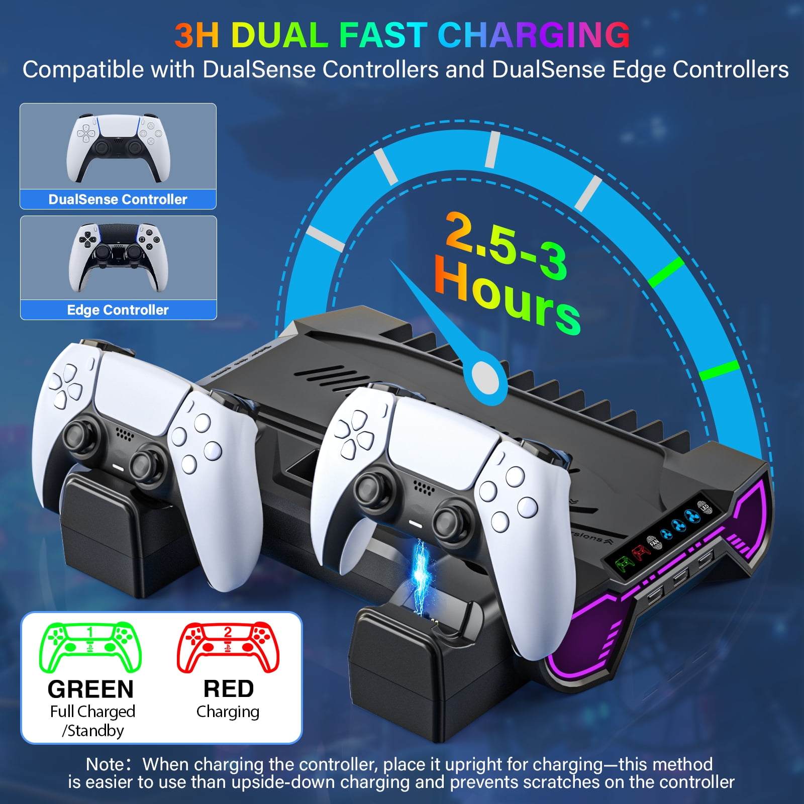 PS5 Stand with Cooling Fan, ZRZLMVP PS5 Cooling Station with Dual Controller Charging Station,PS5 Accessories for PS5 Standard Edition & Slim Edition & Pro Edition consoles - Black