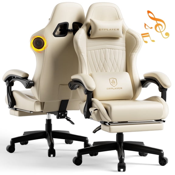 GTPLAYER Gaming Chair with Speakers, Video Game Chairs with Footrest, PC Gamer Chairs for Adults - Padded High Back Ergonomic Reclining Silla Gamer, Linkage Armrest, Ace Pro, Ivory New