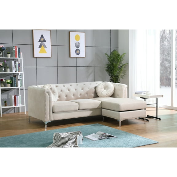 Glory Furniture Pompano Velvet Upholstered Sofa Chaise in Ivory