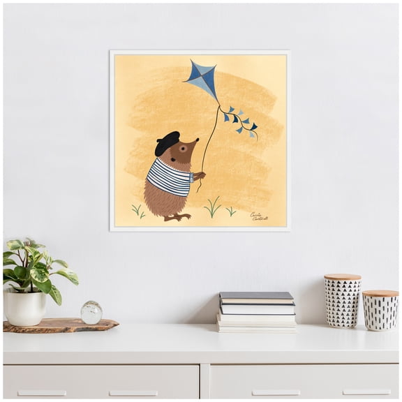 Kate and Laurel French Hedgehog Framed Canvas Wall Art by Carrie Cantwell 22 x 22 Sylvie White, Whimsical, Animals, Humor, Kids Art for Wall Decor, Living Room, Bedroom