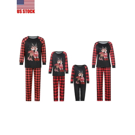

Sunisery Christmas Family Pajamas Set Deer Print Long Sleeve T-shirt + Plaid Print Pants/Romper