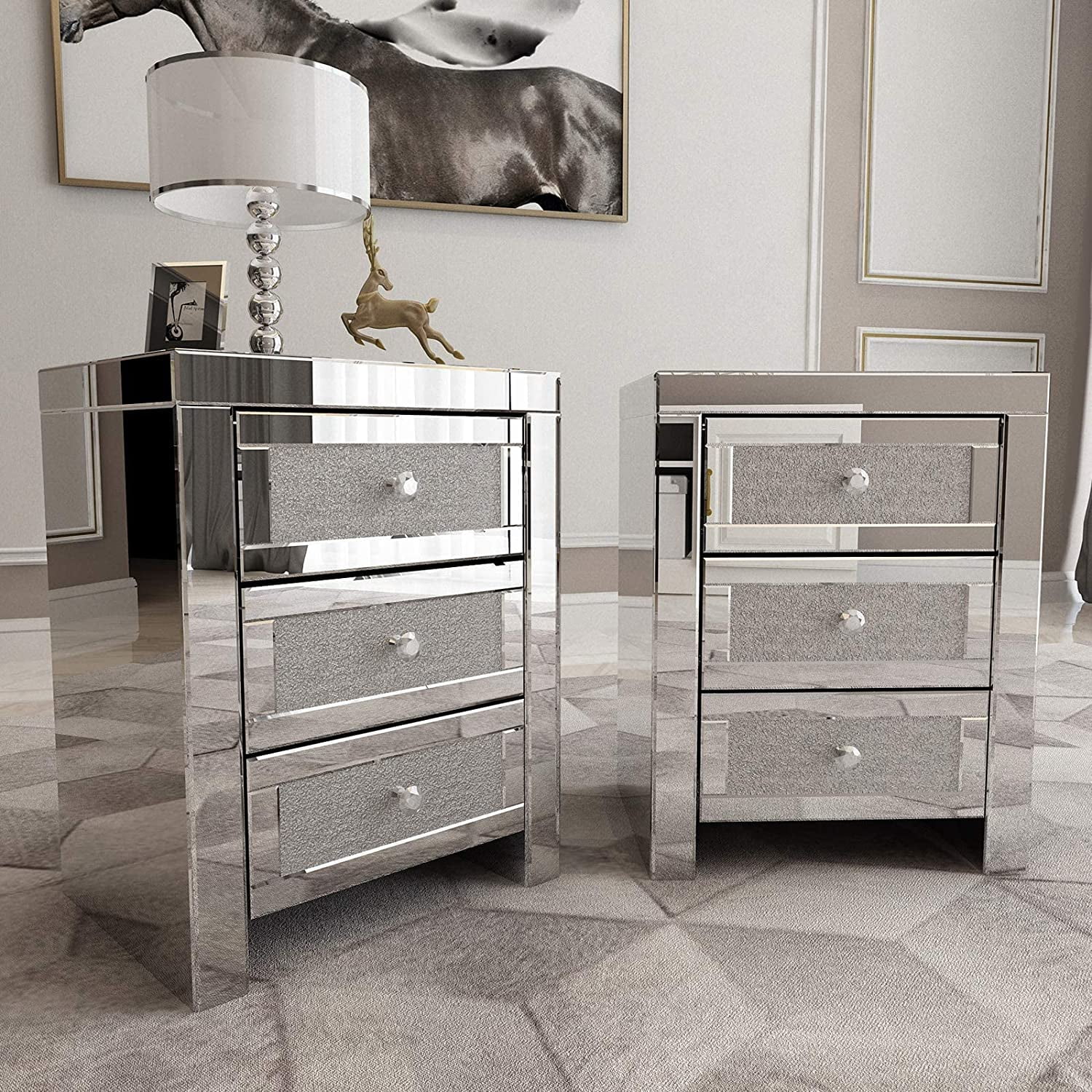 Alohappy Mirrored Nightstand with 3-Drawers, Mirror and Crystal 