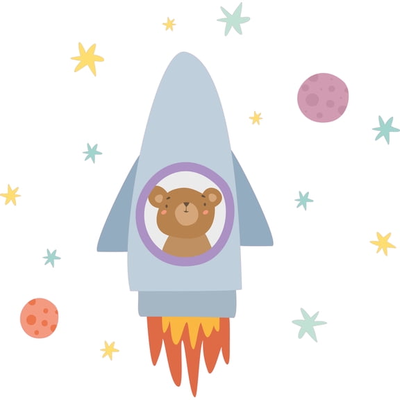 Vinyl Adhesive Home Bedroom Nursery Bear Space Traveler Decoration Outer Space Themed Wall Decal - 19" x 20" Kids Bedroom Living Room Art Multicolored Animal Art Planets Stars Wall Decor Sticker