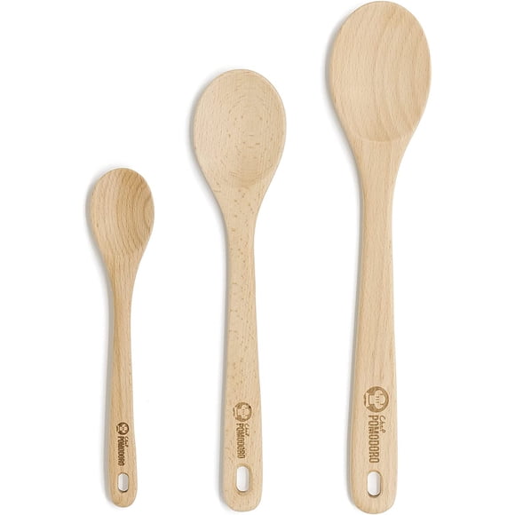 Chef Pomodoro Wooden Spoons for Cooking 3-Piece Set, Solid Beechwood Cooking Utensils | 12-Inch, 10