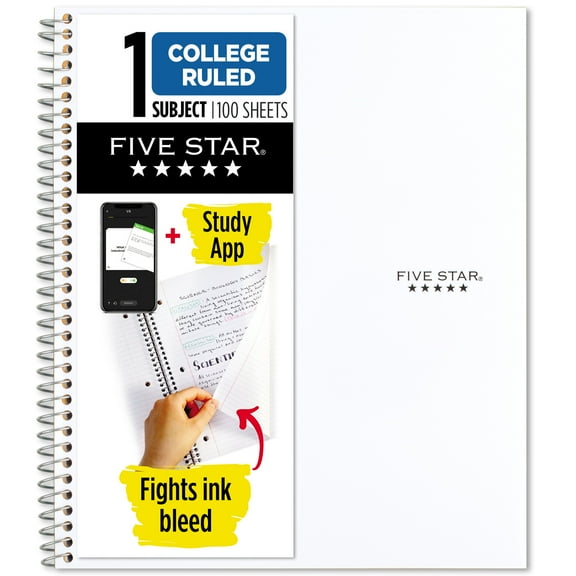 Five Star 1 Subject College Ruled Notebook Plus Study App, 8.5" x 11", White, Poly, Spiral, 100 Sheets