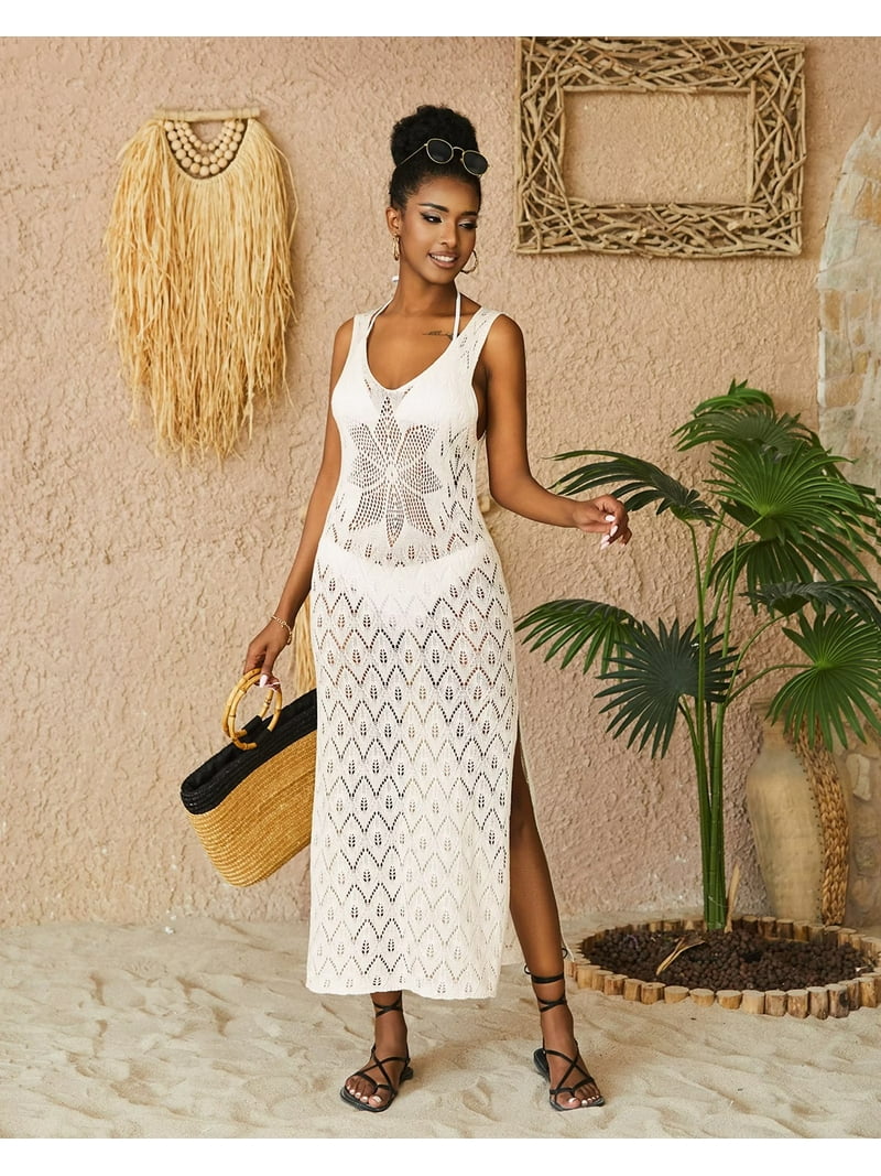 EDOLYNSA White Crochet Maxi dress for Women Bikini Coverup