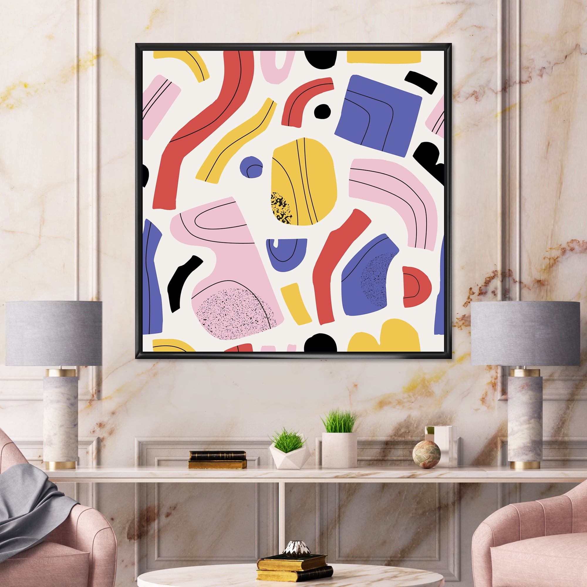 Designart 'Organic and Elements In Pink Yellow and Red' Modern Framed Canvas Wall Art Print