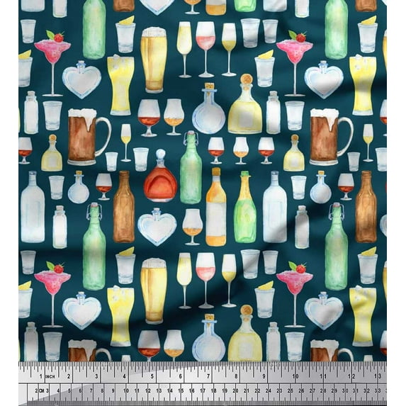 Soimoi Satin Silk Fabric Bottle,Wine & Beer Bar Decor Fabric Printed Yard 42 Inch Wide