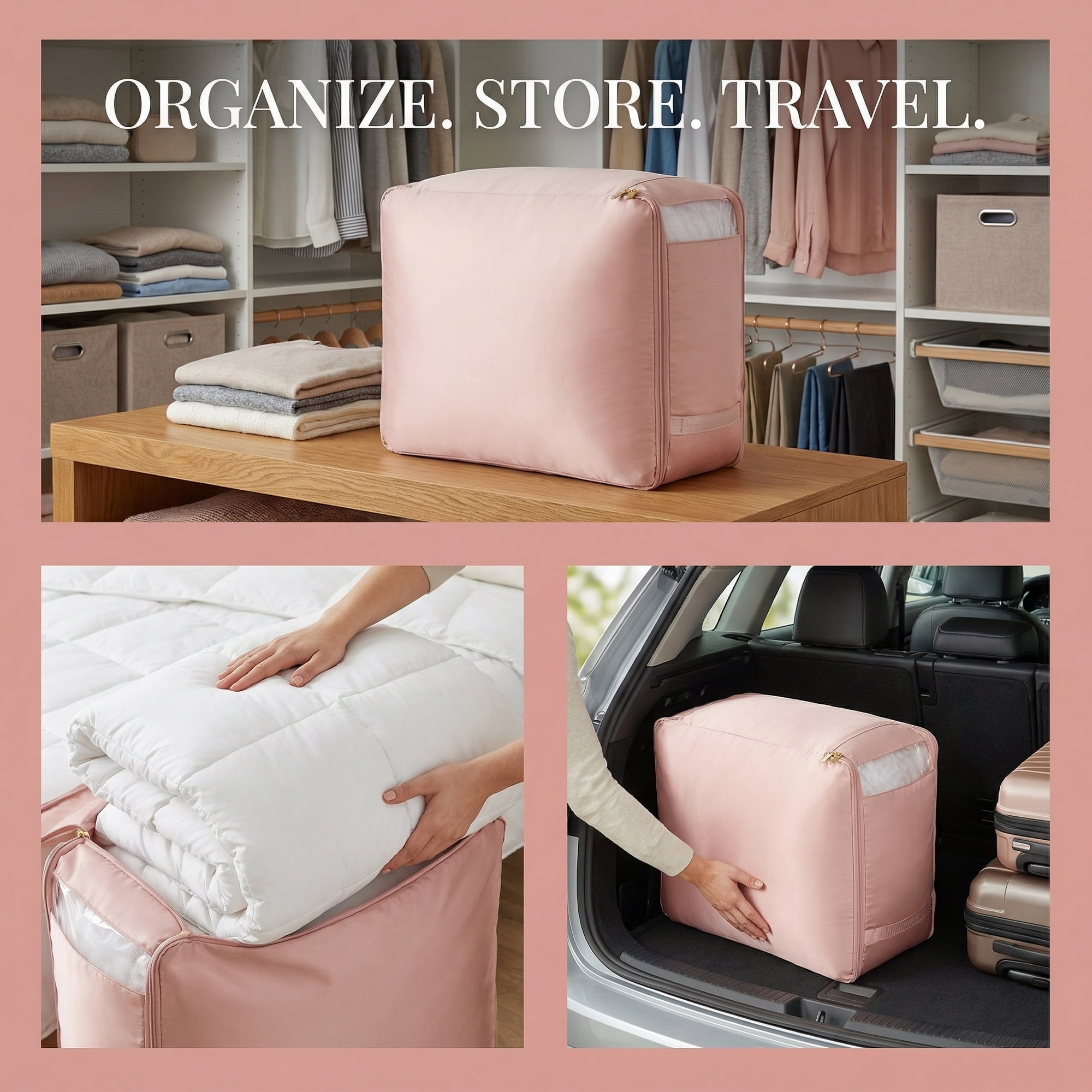 Unique Bargains Storage Bag for Organizing Closet with Handles Pink 20.5"x16.5"x19.7"