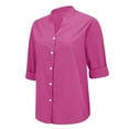 thumbnail image 2 of Yigetop Linen Button Down Shirt Women, Loose Shirt Top Stand Solid Color Sleeve Collar Casual Women's Shirt Women's Shirt Linen Tops for Women Hot Pink L, 2 of 9