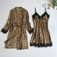 thumbnail image 5 of Anuirheih Satin Pajamas Sets for Women 2Pcs Long Sleeve Silk Leopard Print Robe with Belt +Leopard Print Lace Sling Nightdress, 5 of 8