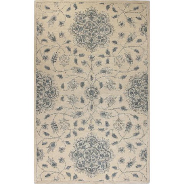 Bashian R120-IVBL-5X7.6-CL106 Bashian Venezia Collection Floral Transitional 100 Percent Wool Hand Tufted Area Rug, Ivory & Blue - 5 ft. x 7 ft. 6 in.