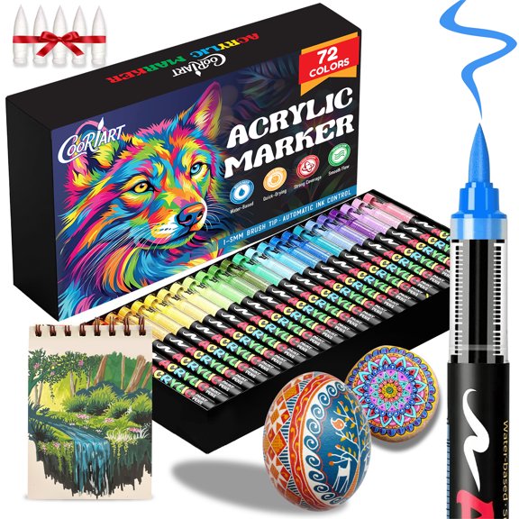 COORIART 72 Colors Acrylic Paint Markers, Soft Brush Tip Pens, Automatic Ink Control No Bleed Markers Set for Wood, Stone, Canvas, Glass, Fabric, Egg, Rock Painting and DIY