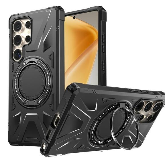 Elegant Choise Case with Screen Protector for Samsung Galaxy S25 Ultra Magsafe Magnetic Case Shockproof Stand Cover, Black