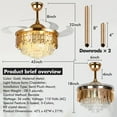thumbnail image 4 of 42-inch Gold Crystal Invisible Ceiling Fan - 4 Tier Prism Blades, 3500K Dimmable LED & 5000 CFM Airflow, 4"/8" Downrods for Cathedral Ceiling etc, 4 of 10