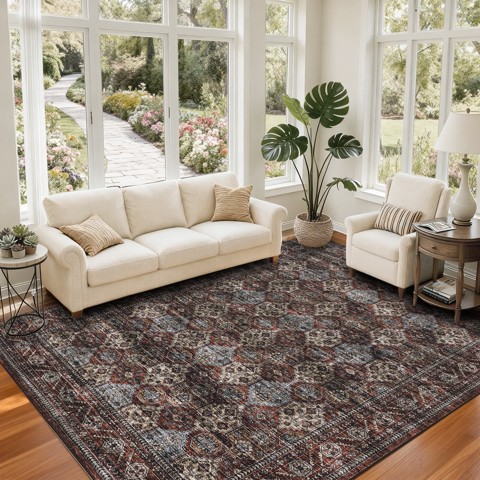 Hasoo 9' x 12' Area Rug for Living Room Boho Vintage Home Decor Washable Non Slip Throw Rug Floral Bedroom Indoor Carpet, Old Red