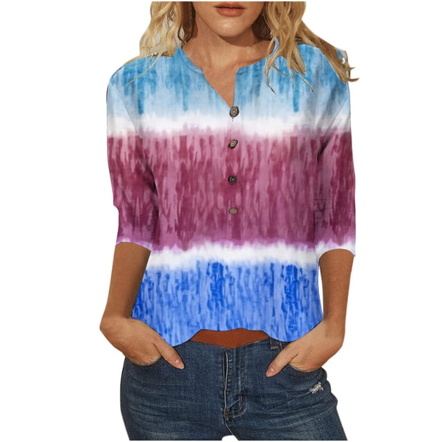 Hauts d'Été pour Femmes Col Rond Imprimé Boutons Manches 3/4 T-Shirts Décontractés Coupe Ample Blouses de Sortie