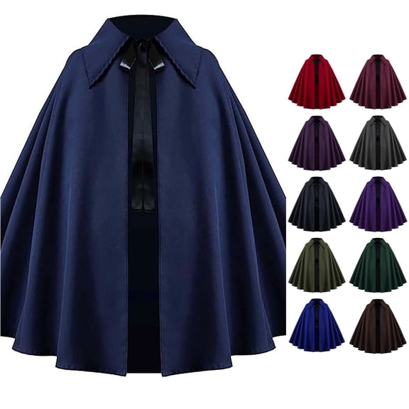Rggeeun Adults Hooded Cape Solid Color Collar Pleated Hem Front Tie Closure for Halloween Indoor Wear Comfort Capes,Blue,One Size