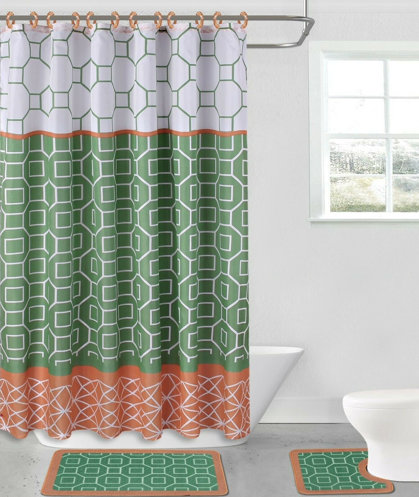 Waterproof Brick Wall Flower Painting Shower Curtain Liner Bath Mat Set 12 Hooks 