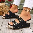 thumbnail image 4 of Rokment Womens Double Buckles Wedge Dressy Slides Sandals 2026 Trendy Casual Studded Espadrilles Platform Chunky High Heels Dress Slip on Summer Shoes for Ladies Black Size 6.5, 4 of 7