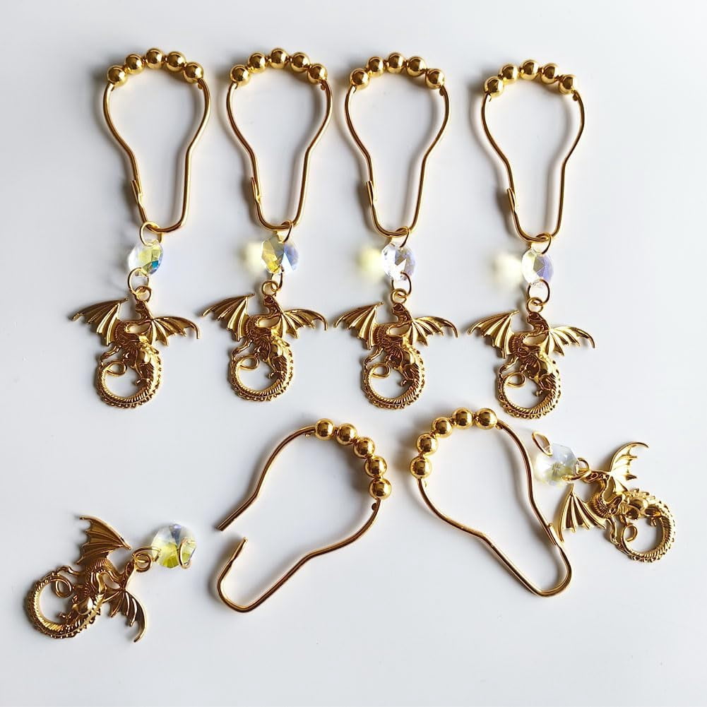 Dragon Shower Curtain Hooks for Bathroom, Rustproof Metal Gold Shower Curtain Rings Set of 12 with Fantastic Animal Dragons Gothic Medieval Fantasy Theme Bathroom Decor (Gold)