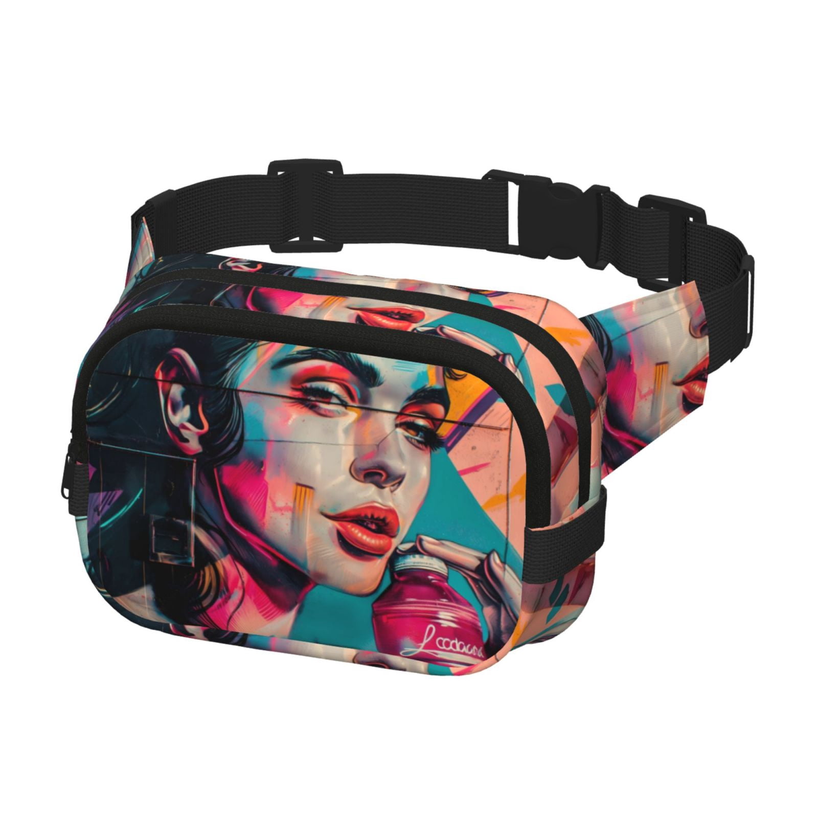 Picia Vibrant Street Art Portrait Print Square Double-Layer Waist Bag Mini Adjustable Waist Belt Bag Exercise Running Travel Hiking