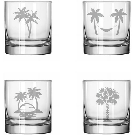 Set of 4 Glass 11 oz Rocks Whiskey Glass Gift Palm Tree Collection