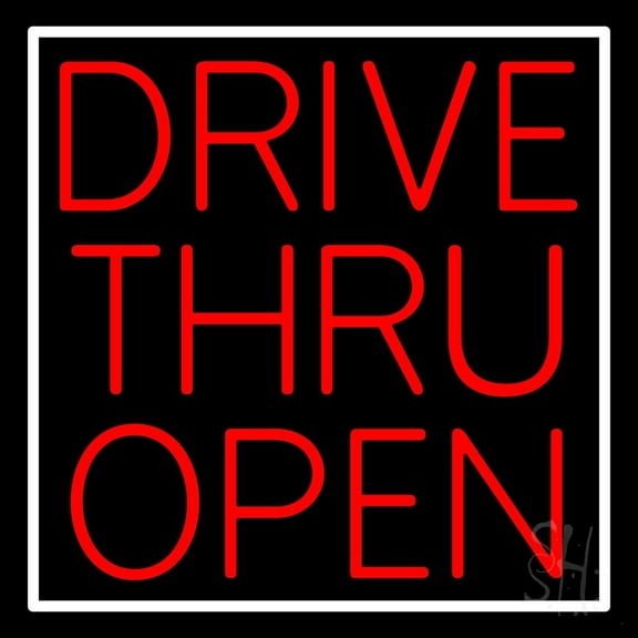 Red Drive Thru Open LED Neon Sign 24 x 24 - inches, Black Square Cut Acrylic Backing, with Dimmer - Bright and Premium built indoor LED Neon Sign for restaurant window and interior decor.