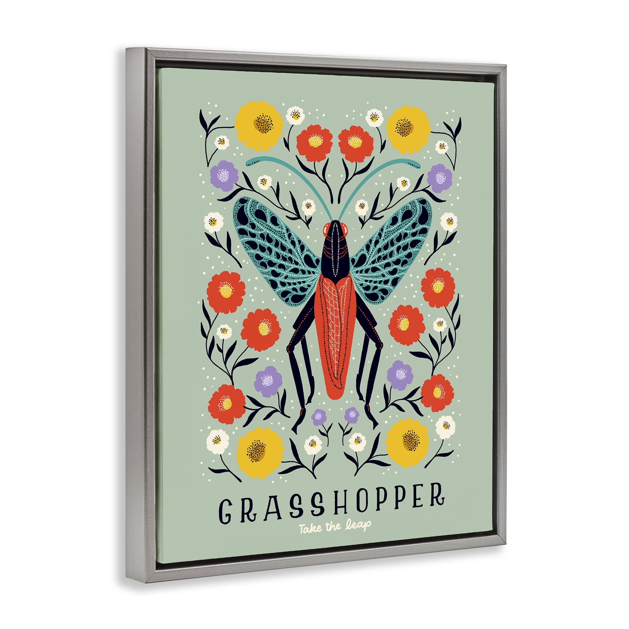 Stupell Industries Symmetrical Grasshopper with Blooms Gray Framed Floater Canvas Wall Art, design by Indira Prieto | IndySign