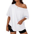 thumbnail image 2 of Off The Shoulder Tops Oversized Tshirts Short Sleeve Basic Tee 2026 Casual Summer Fashion Clothes White 2XL, 2 of 6