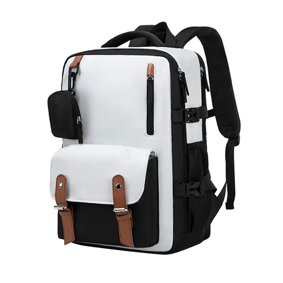 Two Tone Color Block Travel Backpack With Leather Buckle Straps Detachable Small Pouch Padded Shoulder Waterproof Teen Student Laptop School Bag