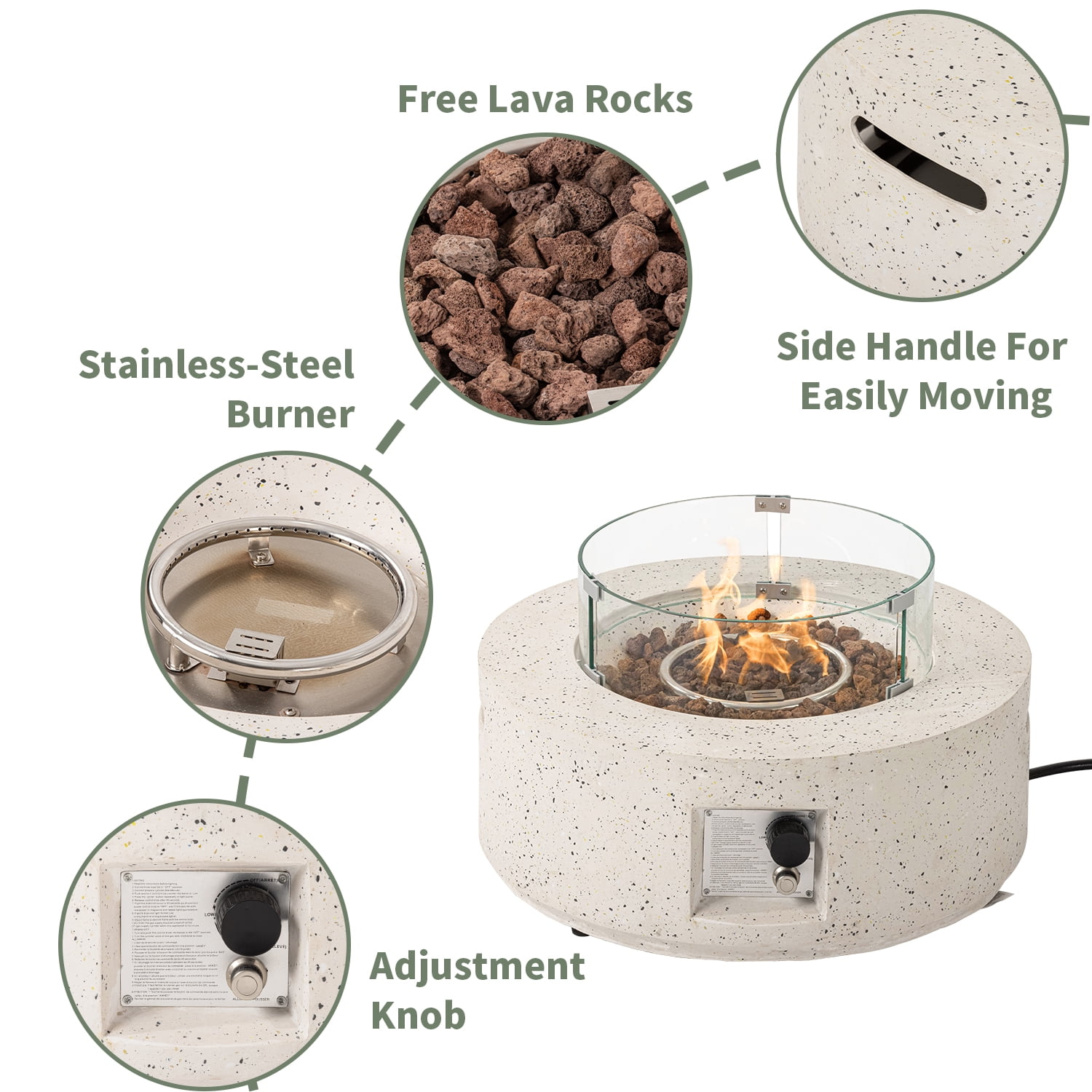 MOALCOFER 28"Round Propane Fire Pit Table,40,000 BTU Stainless Steel Burner Gas Fire Pit with Wind Guard