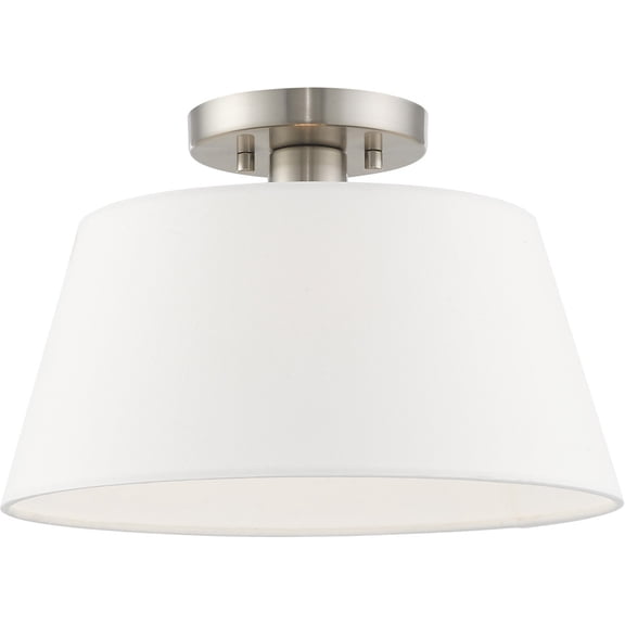 1 Light Brushed Nickel Ceiling Light fixture with Hand Crafted Off-White Fabric Hardback Shade