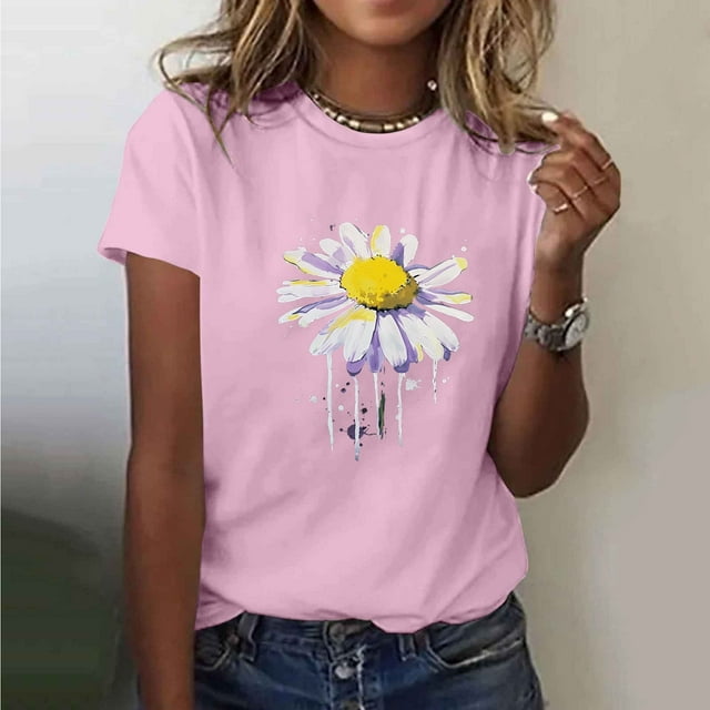 Jienlioq Hauts de Sortie pour Femmes T-shirt Imprimé pour Amoureux des Femmes Col Rond Manches Courtes Rose TTG