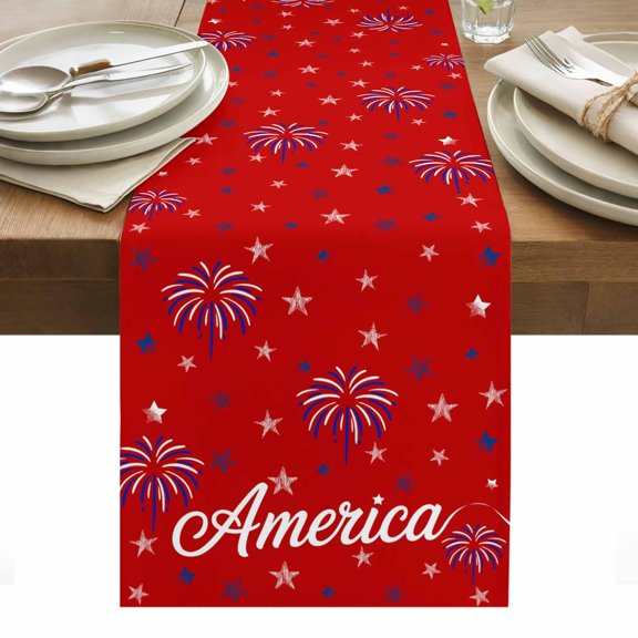 USA Independence Day Table Runner - 70 Inch Long, Kitchen Dining Table Runner Dresser Scarves, Red Fireworks Stars Farmhouse Decor for Coffee Tables Wedding Party Banquet