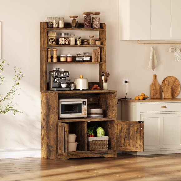 EDTara Microwave Stand In Farmhouse Design, Equipped With Power Outlet, Usb Ports, Thickened Countertop, Storage Cabinet, and Open Shelves for Kitchen Appliances and Organization
