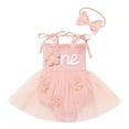 thumbnail image 2 of IBTOM CASTLE Newborn Baby Girl 1st Birthday Outfit Lace Tulle Bodysuit with Floral Headband Cake Smash Photo Props 6-12 Months Pink - Flower, 2 of 7