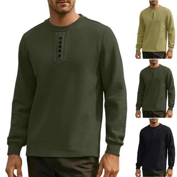 KeShDi Dress Shirts for Men Oversized Tshirts for Men Men's Solid Color Long Sleeved Round Neck Warm Fleece Pullover Sweatshirt Khaki 3X