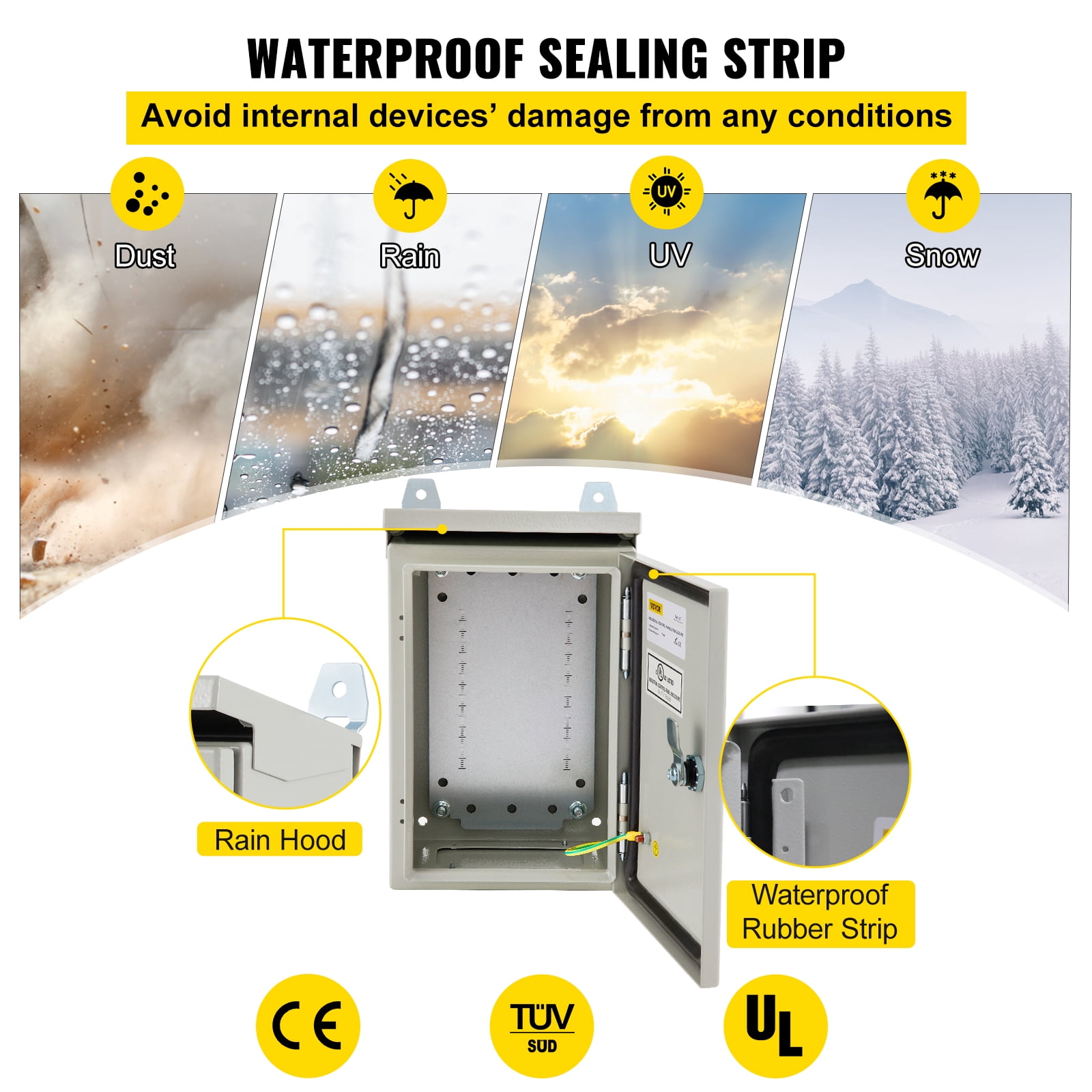 VEVOR Electrical Enclosure, 12'' x 8'' x 8'', UL Certified NEMA 4 Outdoor Enclosure, IP65 Waterproof & Dustproof Cold-Rolled Carbon Steel Hinged Junction Box for Outdoor Indoor Use, with Rain Hood