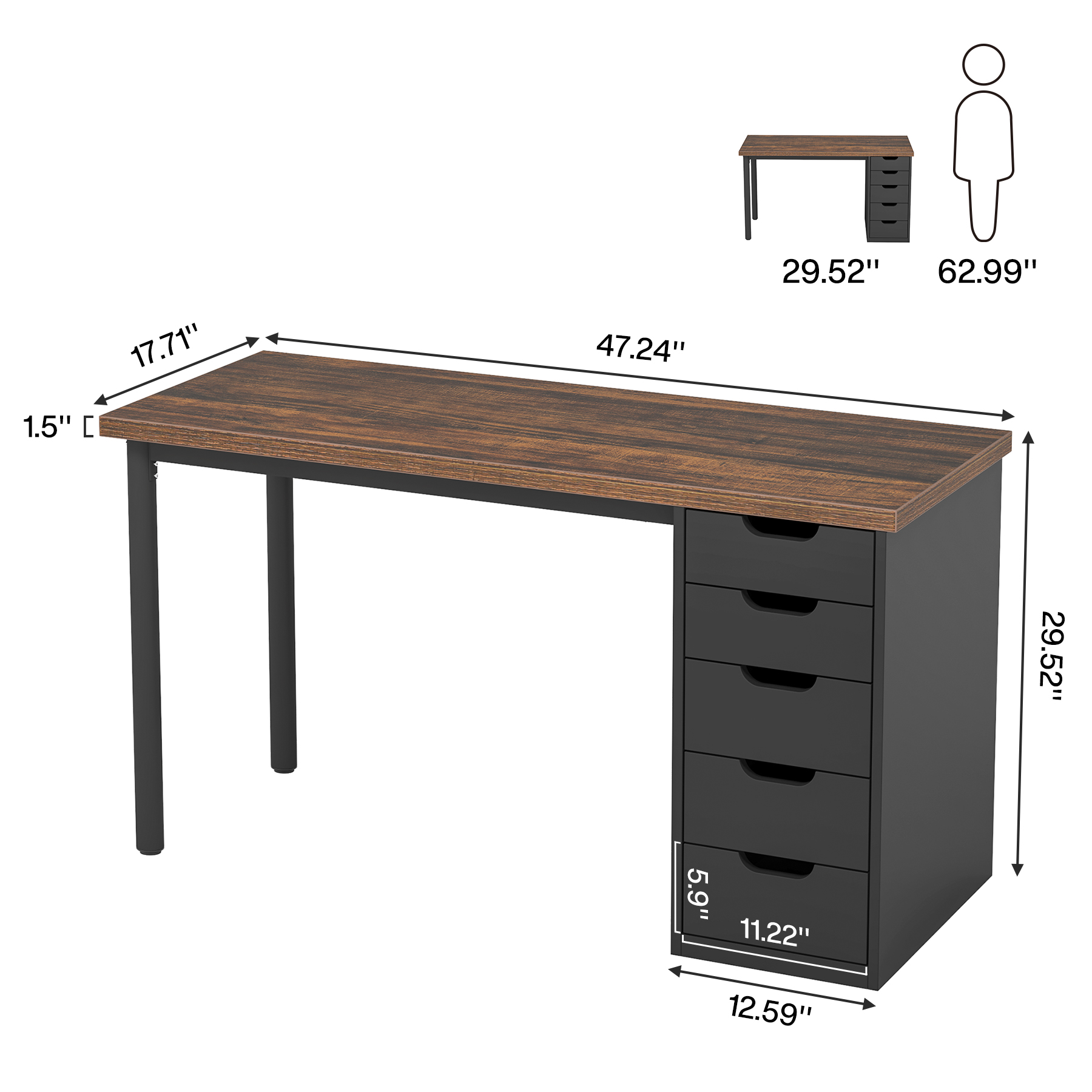 Fnova 47.24" Computer Desk with 5 Drawers, Reversible File Cabinet, Writing Workstation for Home Office Bedroom Study Makeup Vanity Desk Furniture