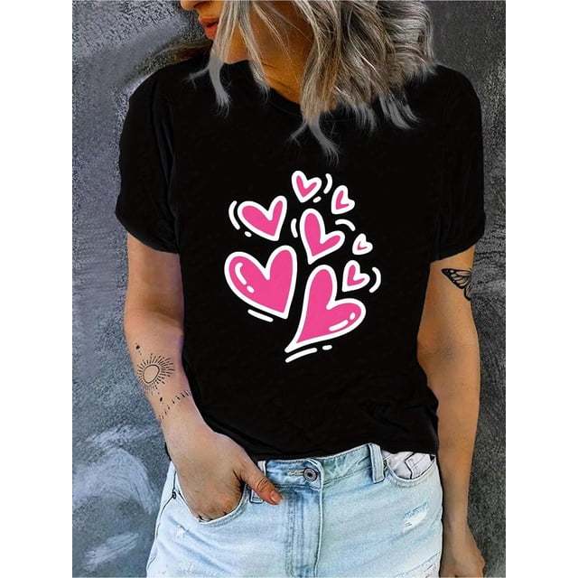 Camiseta informal de cuello redondo para mujer con estampado de corazones, de algodón, ligera, de manga corta, para todas las estaciones, para adultos, hombres, mujeres, adolescentes, jóvenes.