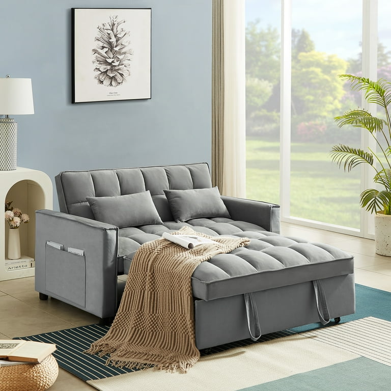 Muumblus 55 Pull Out Sofa Bed Convertible Sleeper Loveseat with Adjsutable Backrest Modern Velvet Futon Sofa Beds for apartment Grey