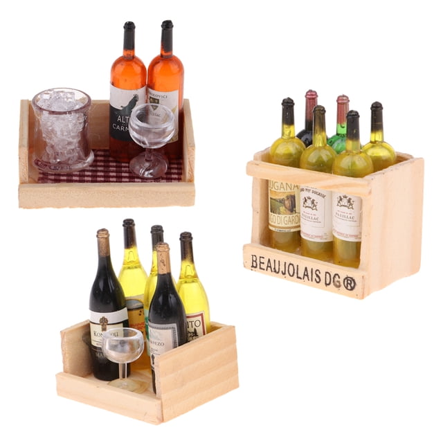 Botellas de de Vino en Miniatura Taza Estante de Madera 1/12 Casa de Muñecas Bebida Modelo 3 Sets Sunnimix Champagne en miniatura de la casa de muñecas